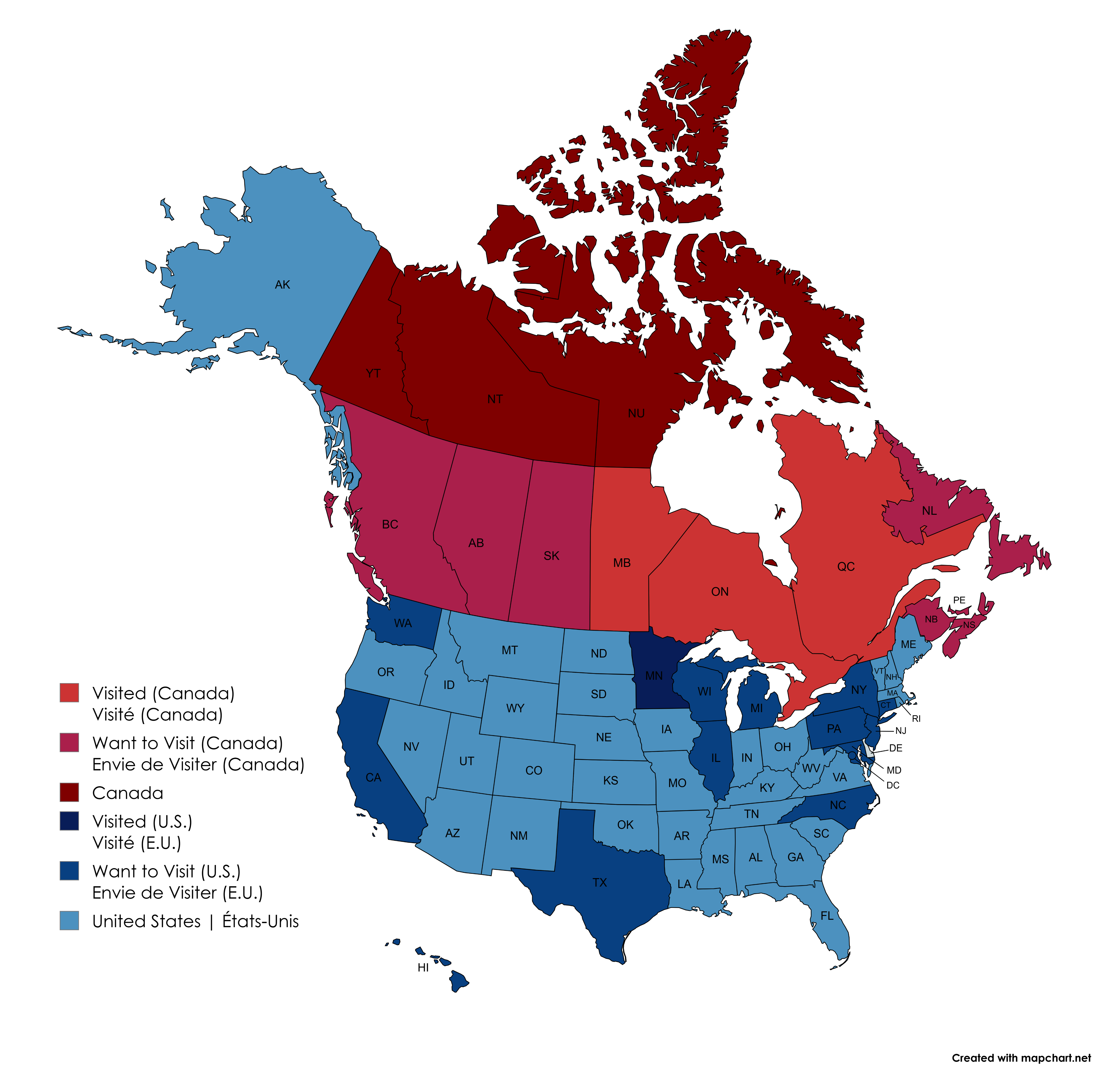 Map of Canada and the United States showing visited and wishlist provinces and states.